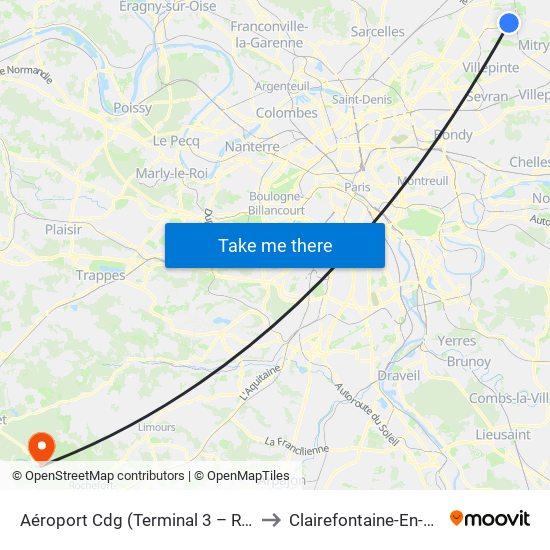 Aéroport Cdg (Terminal 3 – Roissypôle) to Clairefontaine-En-Yvelines map