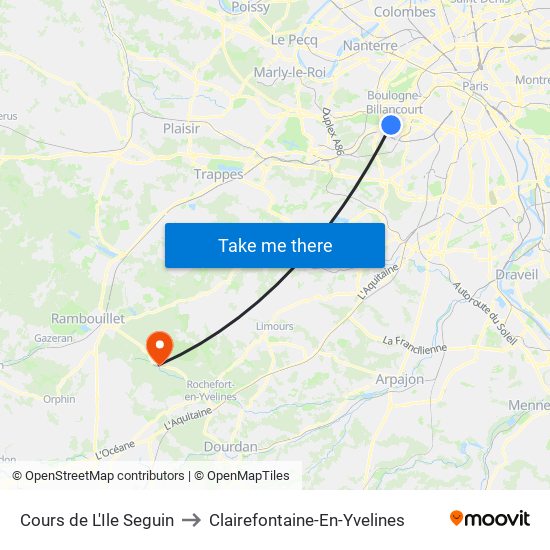 Cours de L'Ile Seguin to Clairefontaine-En-Yvelines map