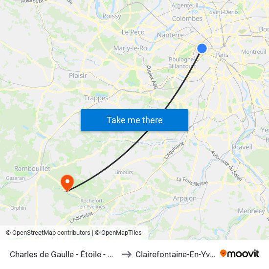 Charles de Gaulle - Étoile - Wagram to Clairefontaine-En-Yvelines map