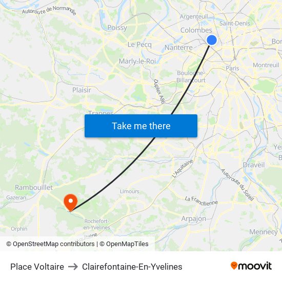Place Voltaire to Clairefontaine-En-Yvelines map