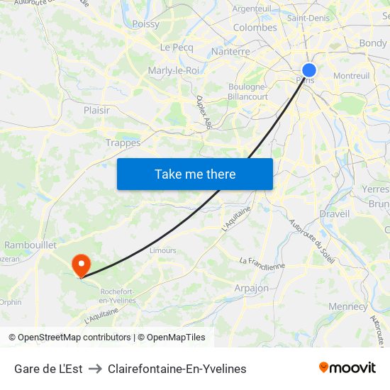 Gare de L'Est to Clairefontaine-En-Yvelines map