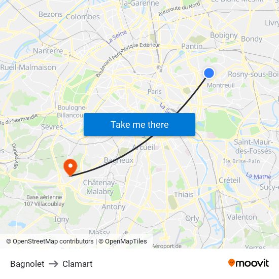 Bagnolet to Clamart map