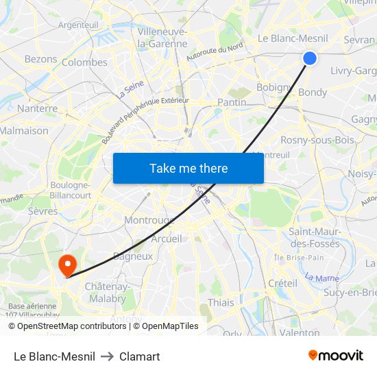 Le Blanc-Mesnil to Clamart map