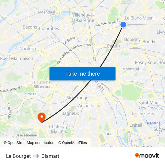 Le Bourget to Clamart map