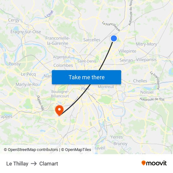 Le Thillay to Clamart map