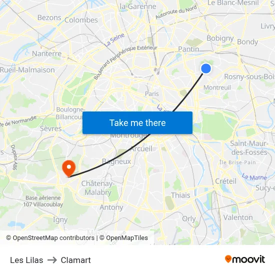 Les Lilas to Clamart map