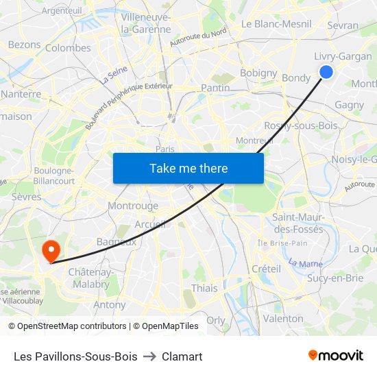 Les Pavillons-Sous-Bois to Clamart map