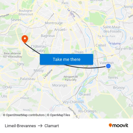 Limeil-Brevannes to Clamart map