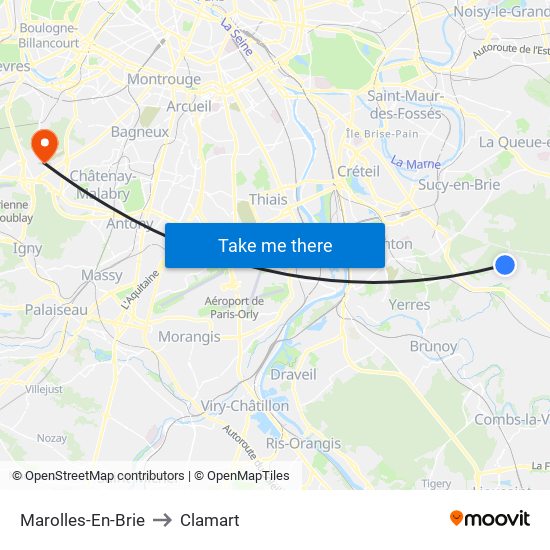 Marolles-En-Brie to Clamart map