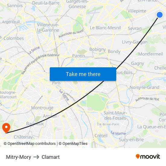 Mitry-Mory to Clamart map