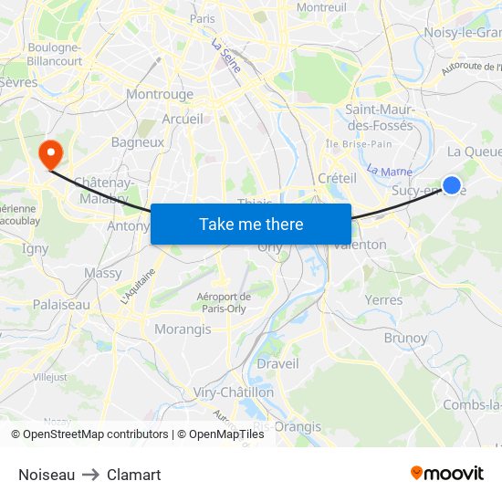Noiseau to Clamart map