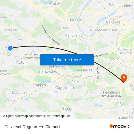 Thiverval-Grignon to Clamart map