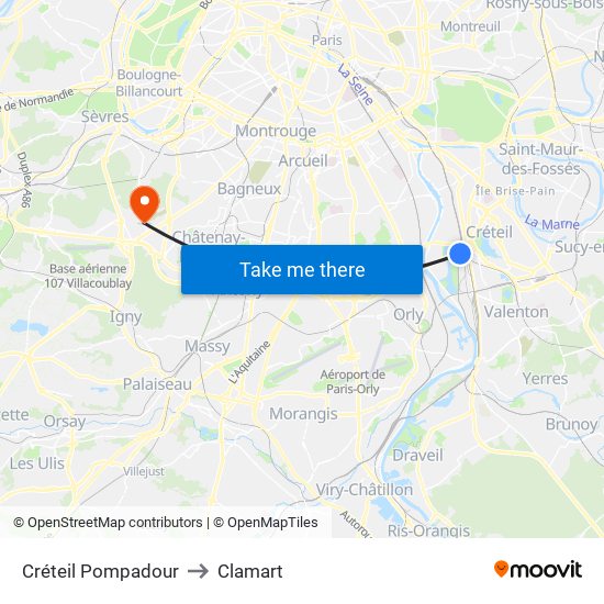 Créteil Pompadour to Clamart map