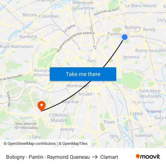 Bobigny - Pantin - Raymond Queneau to Clamart map