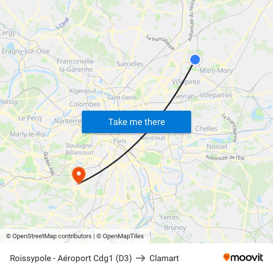 Roissypole - Aéroport Cdg1 (D3) to Clamart map