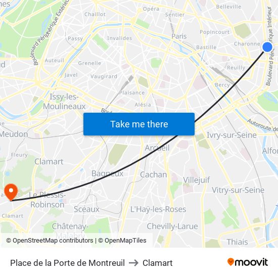Place de la Porte de Montreuil to Clamart map