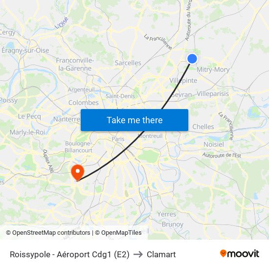 Roissypole - Aéroport Cdg1 (E2) to Clamart map