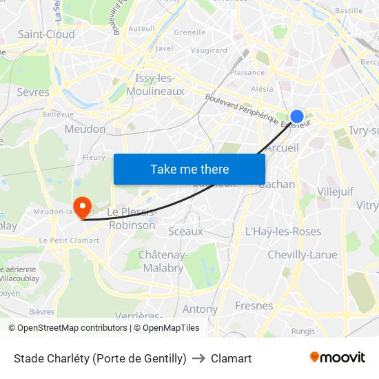 Stade Charléty (Porte de Gentilly) to Clamart map