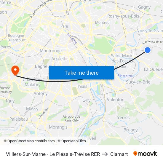 Villiers-Sur-Marne - Le Plessis-Trévise RER to Clamart map