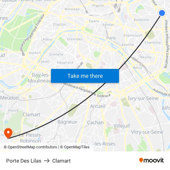Porte Des Lilas to Clamart map