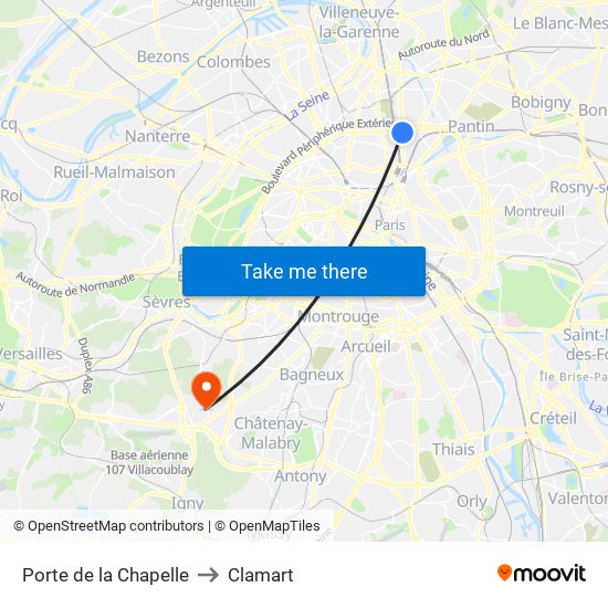 Porte de la Chapelle to Clamart map