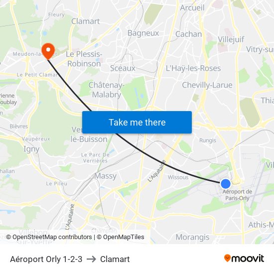 Aéroport Orly 1-2-3 to Clamart map