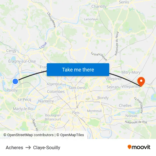 Acheres to Claye-Souilly map