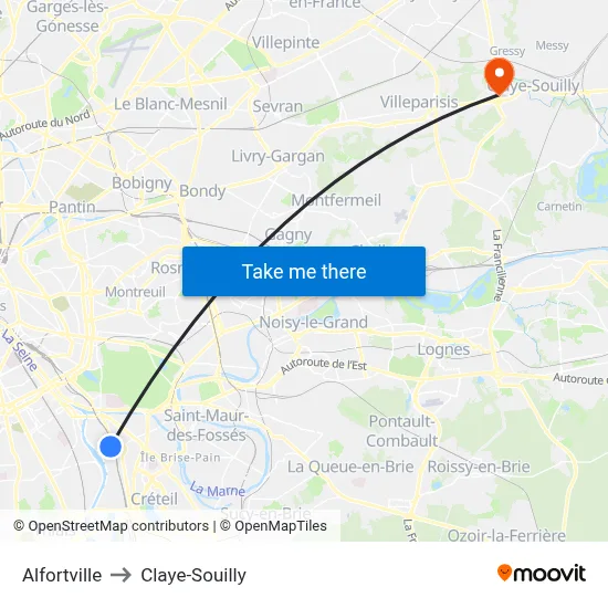 Alfortville to Claye-Souilly map