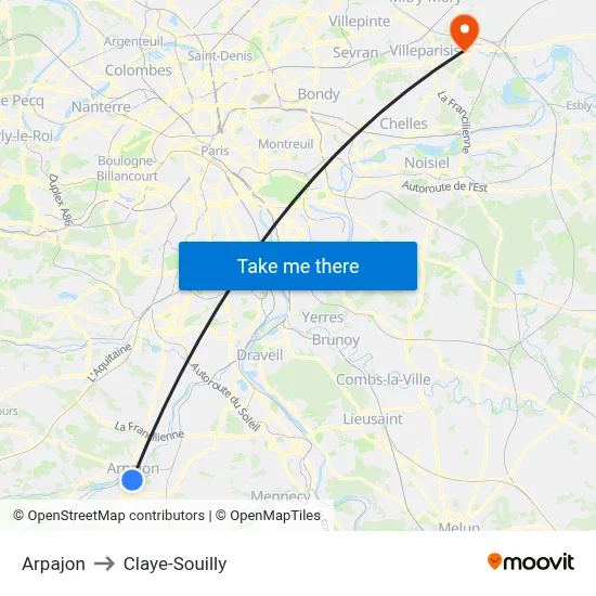 Arpajon to Claye-Souilly map