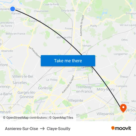 Asnieres-Sur-Oise to Claye-Souilly map