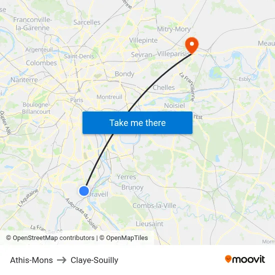 Athis-Mons to Claye-Souilly map