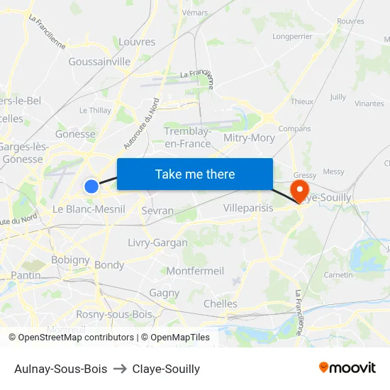 Aulnay-Sous-Bois to Claye-Souilly map