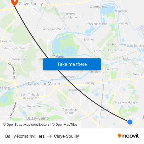 Bailly-Romainvilliers to Claye-Souilly map