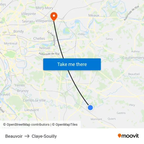 Beauvoir to Claye-Souilly map