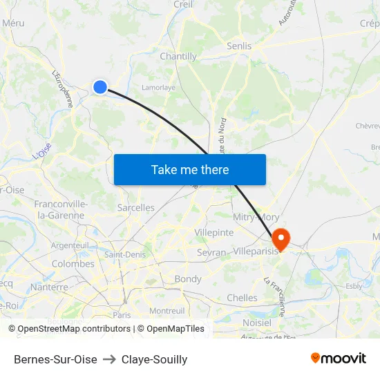 Bernes-Sur-Oise to Claye-Souilly map
