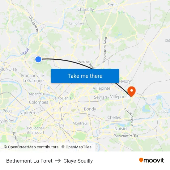 Bethemont-La-Foret to Claye-Souilly map
