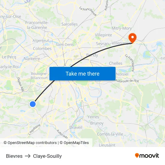 Bievres to Claye-Souilly map