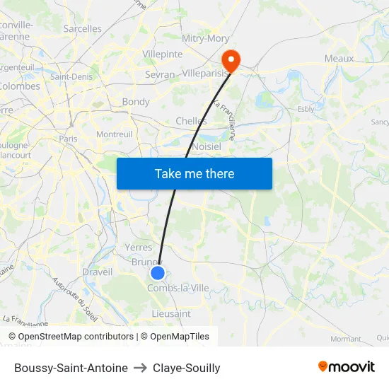 Boussy-Saint-Antoine to Claye-Souilly map
