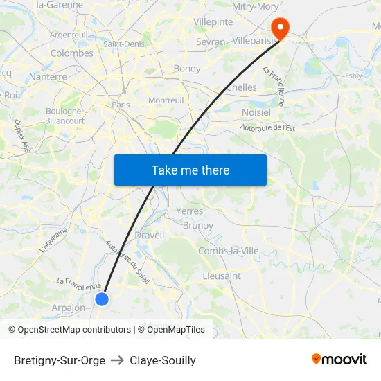 Bretigny-Sur-Orge to Claye-Souilly map