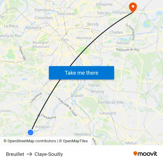 Breuillet to Claye-Souilly map