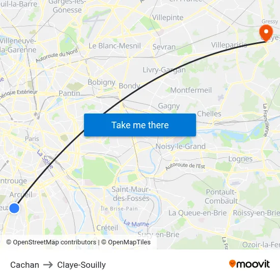 Cachan to Claye-Souilly map