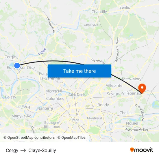 Cergy to Claye-Souilly map