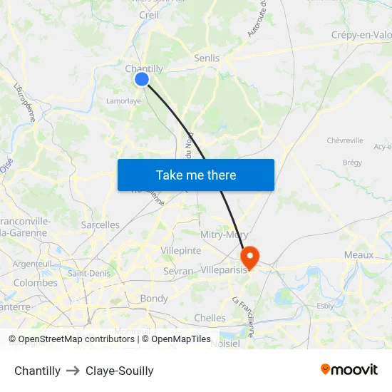 Chantilly to Claye-Souilly map