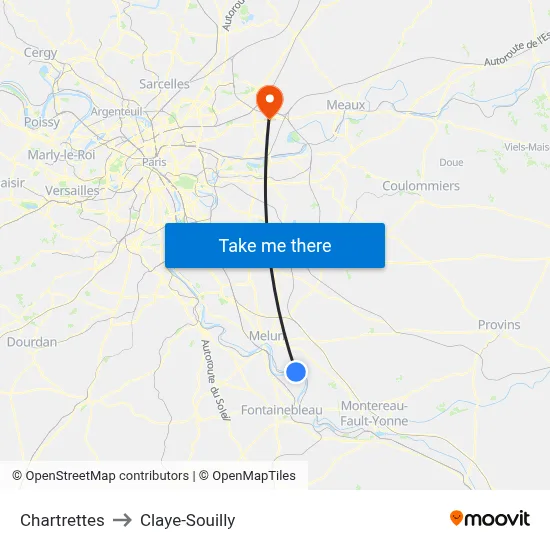 Chartrettes to Claye-Souilly map