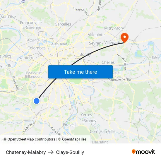 Chatenay-Malabry to Claye-Souilly map