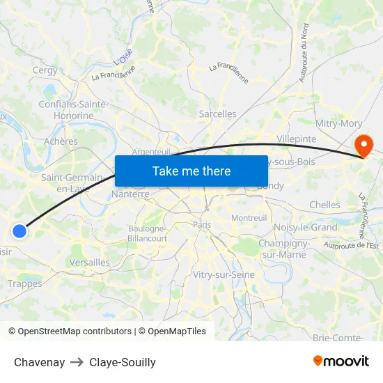 Chavenay to Claye-Souilly map