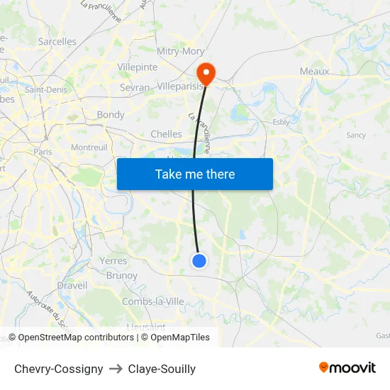 Chevry-Cossigny to Claye-Souilly map