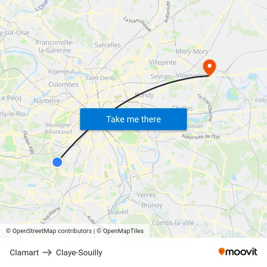 Clamart to Claye-Souilly map