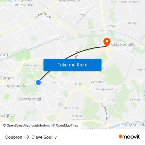 Coubron to Claye-Souilly map