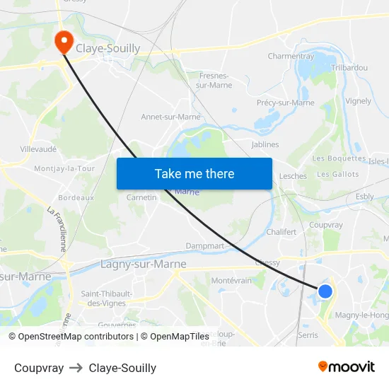 Coupvray to Claye-Souilly map
